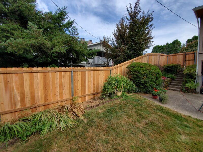 Dog-eared cedar privacy fence stepping up a sloped backyard beside landscaped shrubs and concrete stairs.
